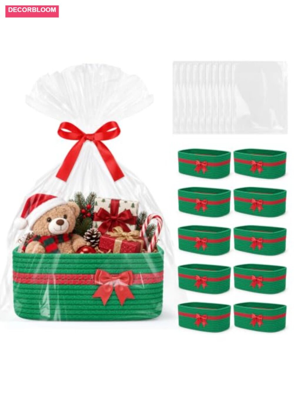 10 Pack Woven Cotton Rope Gift Baskets with Clear Bags & Ribbons